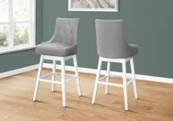 Monarch Specialties Bar Stool, Set Of 2, Swivel, Bar Height, Wood, Pu Leather Look, Grey, White, Transitional