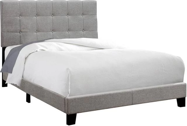 Monarch Specialties Bed, Full Size, Platform, Bedroom, Frame, Upholstered, Linen Look, Wood Legs, Grey, Transitional - Image 3