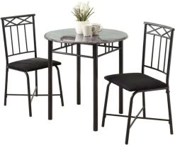 Monarch Specialties Dining Table Set, 3Pcs Set, Small, 30" Round, Kitchen, Metal, Laminate, Grey Marble Look, Black, Transitional