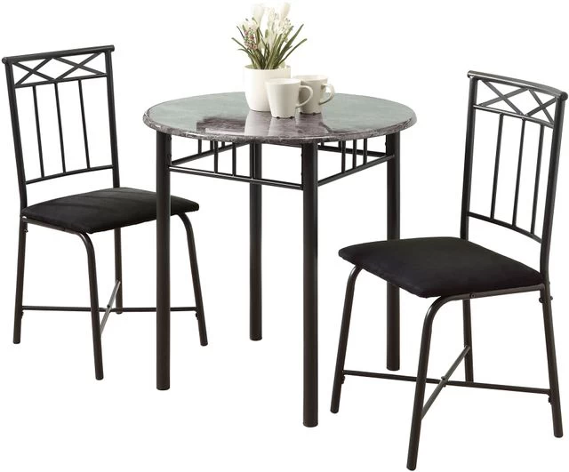 Monarch Specialties Dining Table Set, 3Pcs Set, Small, 30" Round, Kitchen, Metal, Laminate, Grey Marble Look, Black, Transitional