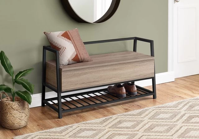 Monarch Specialties Bench, Entryway, Hallway, Storage, 42" Rectangular, Metal, Laminate, Brown, Black, Contemporary, Modern - Image 4