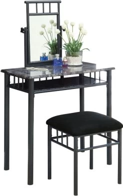 Monarch Specialties Vanity Set, Set Of 2, Makeup Table, Organizer, Dressing Table, Bedroom, Metal, Laminate, Grey Marble Look, Black, Transitional
