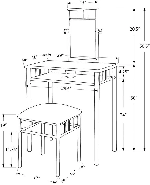 Monarch Specialties Vanity Set, Set Of 2, Makeup Table, Organizer, Dressing Table, Bedroom, Metal, Laminate, Grey Marble Look, Black, Transitional - Image 3