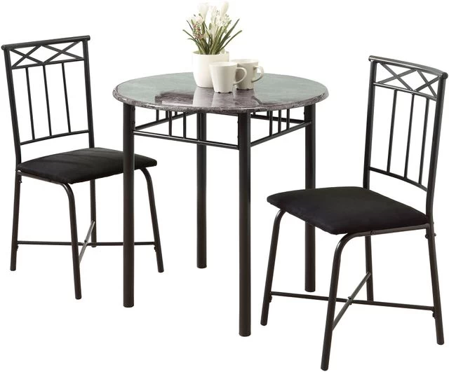 Monarch Specialties Dining Table Set, 3Pcs Set, Small, 30" Round, Kitchen, Metal, Laminate, Grey Marble Look, Black, Transitional - Image 2