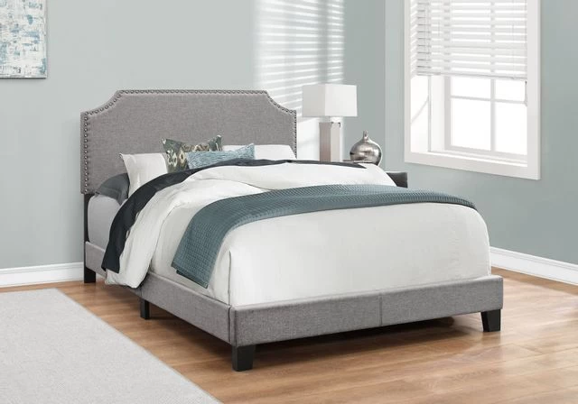 Monarch Specialties Bed, Full Size, Platform, Bedroom, Frame, Upholstered, Linen Look, Wood Legs, Grey, Chrome, Transitional - Image 4