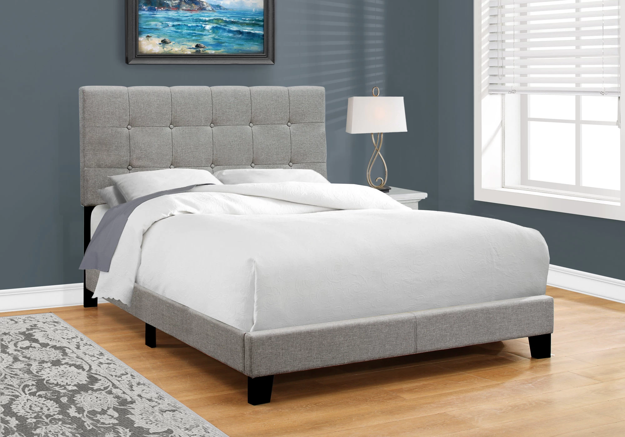 Monarch Specialties Bed, Full Size, Platform, Bedroom, Frame, Upholstered, Linen Look, Wood Legs, Grey, Transitional - Image 5