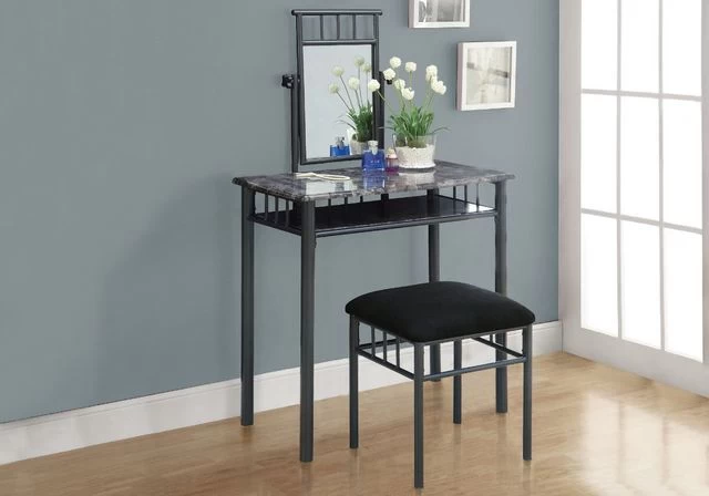 Monarch Specialties Vanity Set, Set Of 2, Makeup Table, Organizer, Dressing Table, Bedroom, Metal, Laminate, Grey Marble Look, Black, Transitional - Image 4